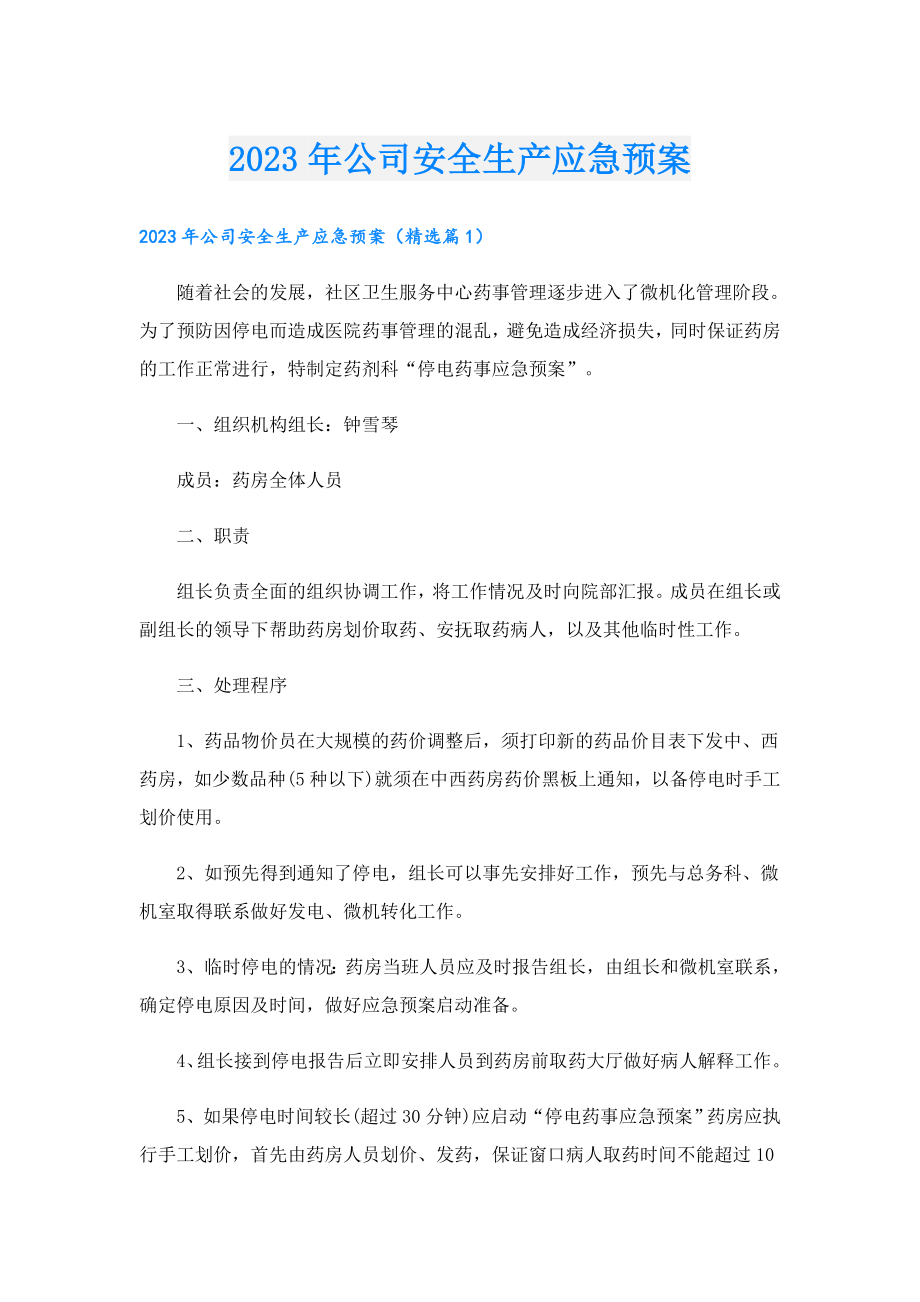 2023公司安全生产应急预案.doc_第1页