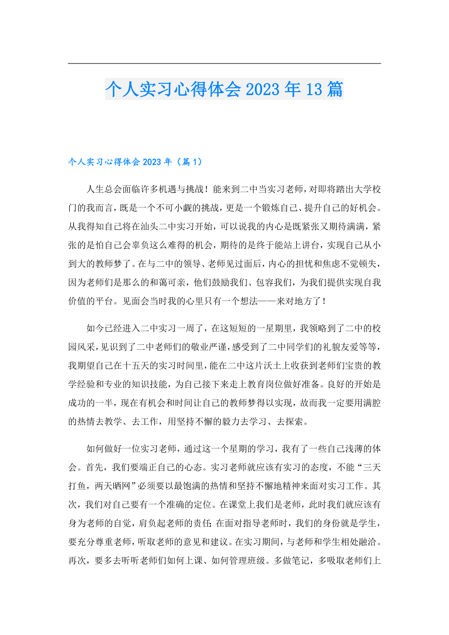 个人实习心得体会202313篇.doc_第1页