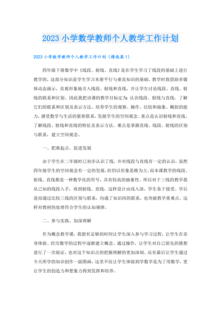 2023小学数学教师个人教学工作计划.doc_第1页