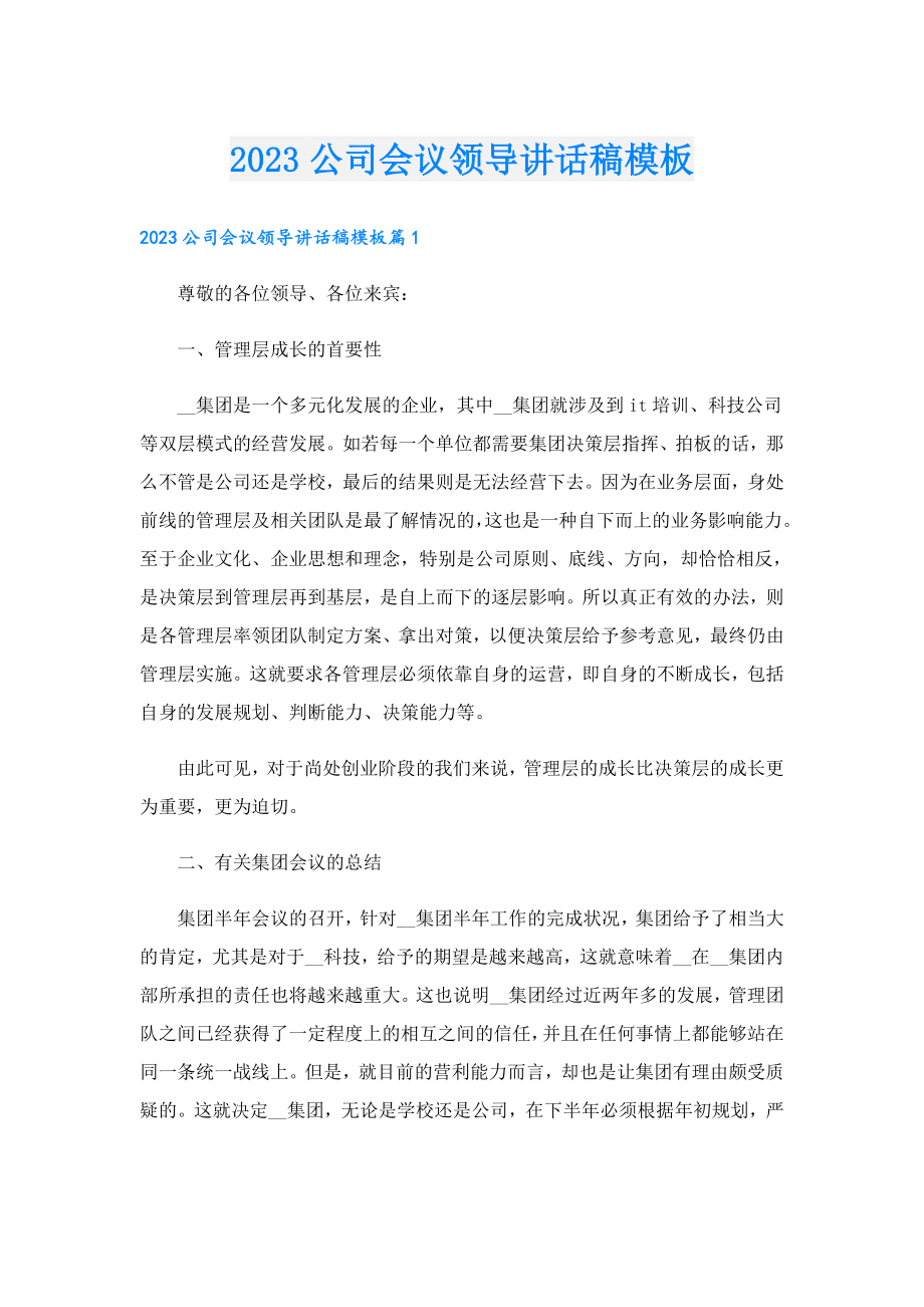 2023公司会议领导讲话稿模板.doc_第1页