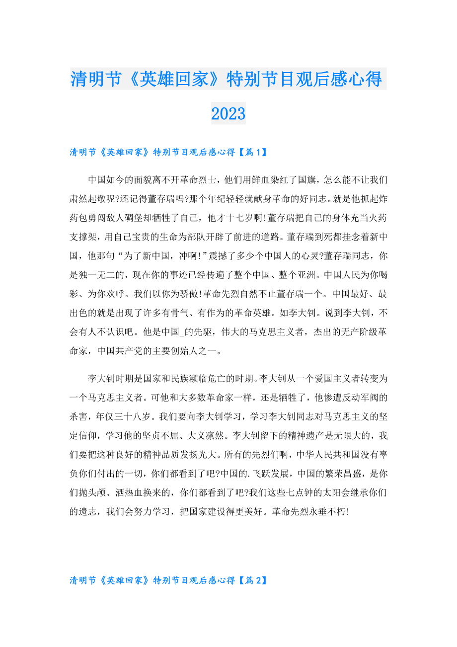 清明节《英雄回家》特别节目观后感心得2023.doc_第1页