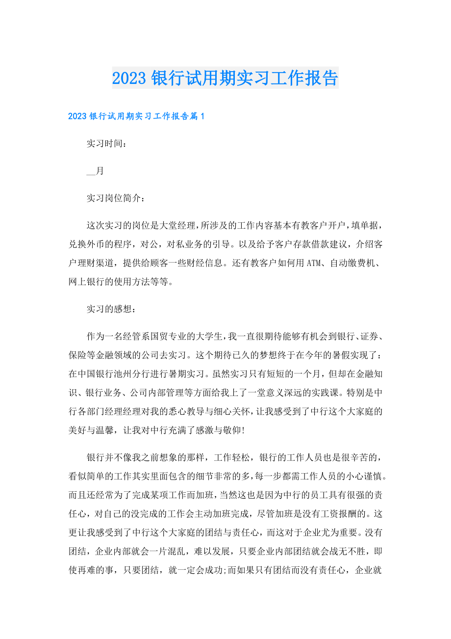 2023银行试用期实习工作报告.doc_第1页