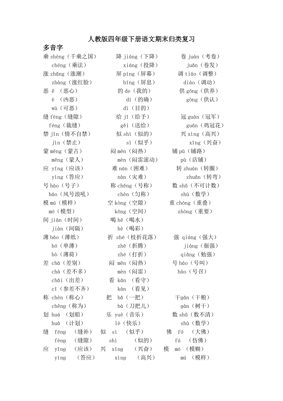 人教版四年级下册语文期末归类复习.doc_第1页