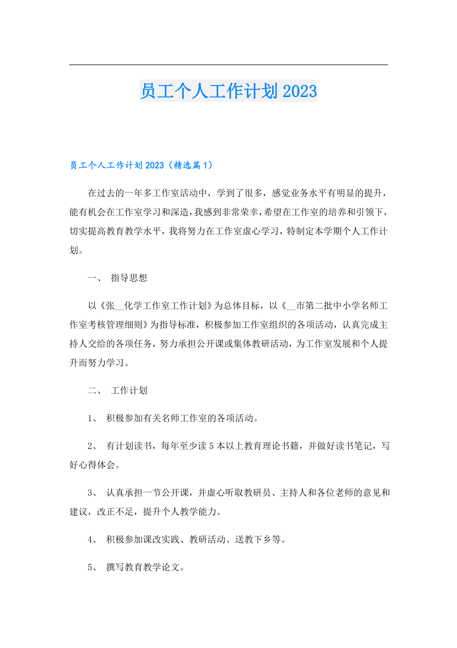 员工个人工作计划2023.doc_第1页