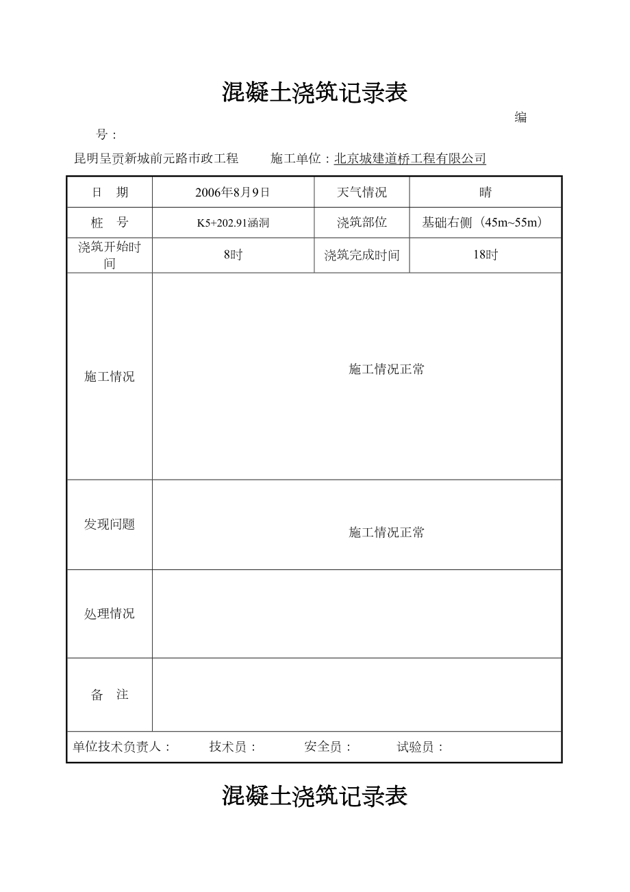 混凝土浇灌记录表施工单位用表.doc_第3页