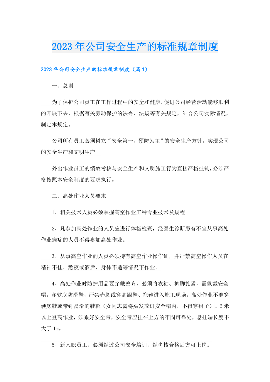 2023公司安全生产的标准规章制度.doc_第1页