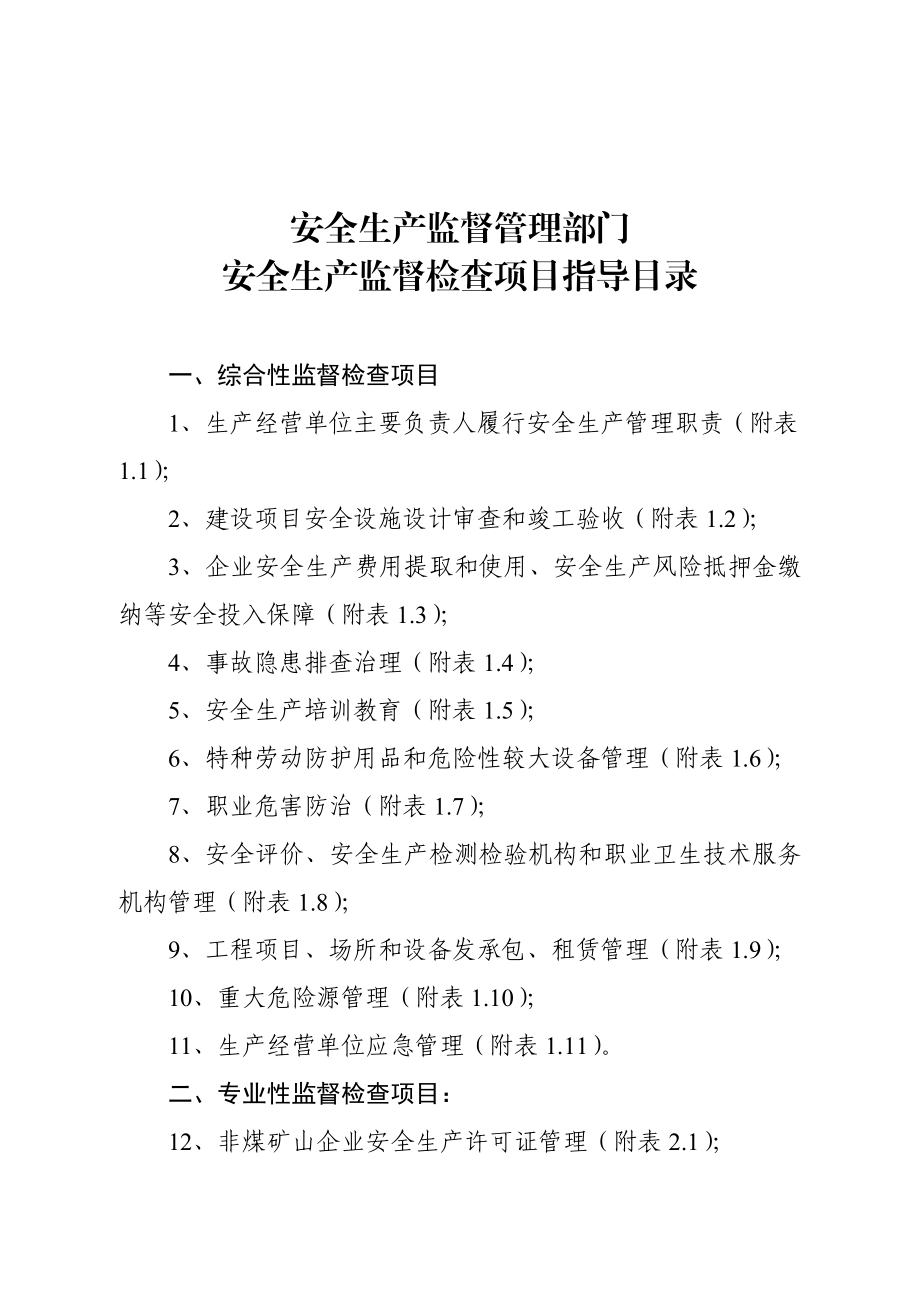 安全生产监督管理部门安全生产监督检查项目指导目录.doc_第1页