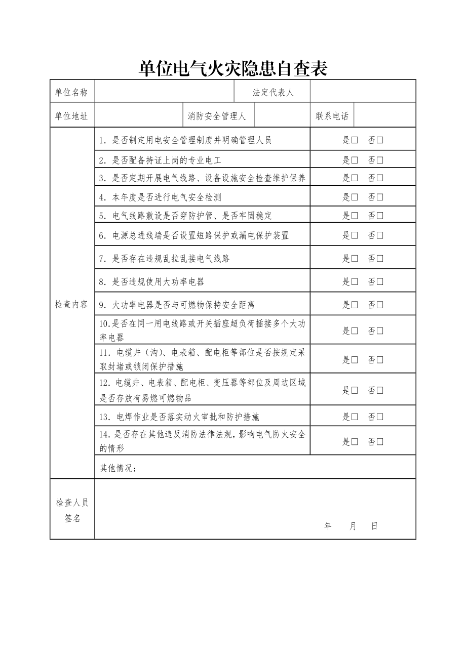 单位电气火灾隐患自查表.doc_第1页