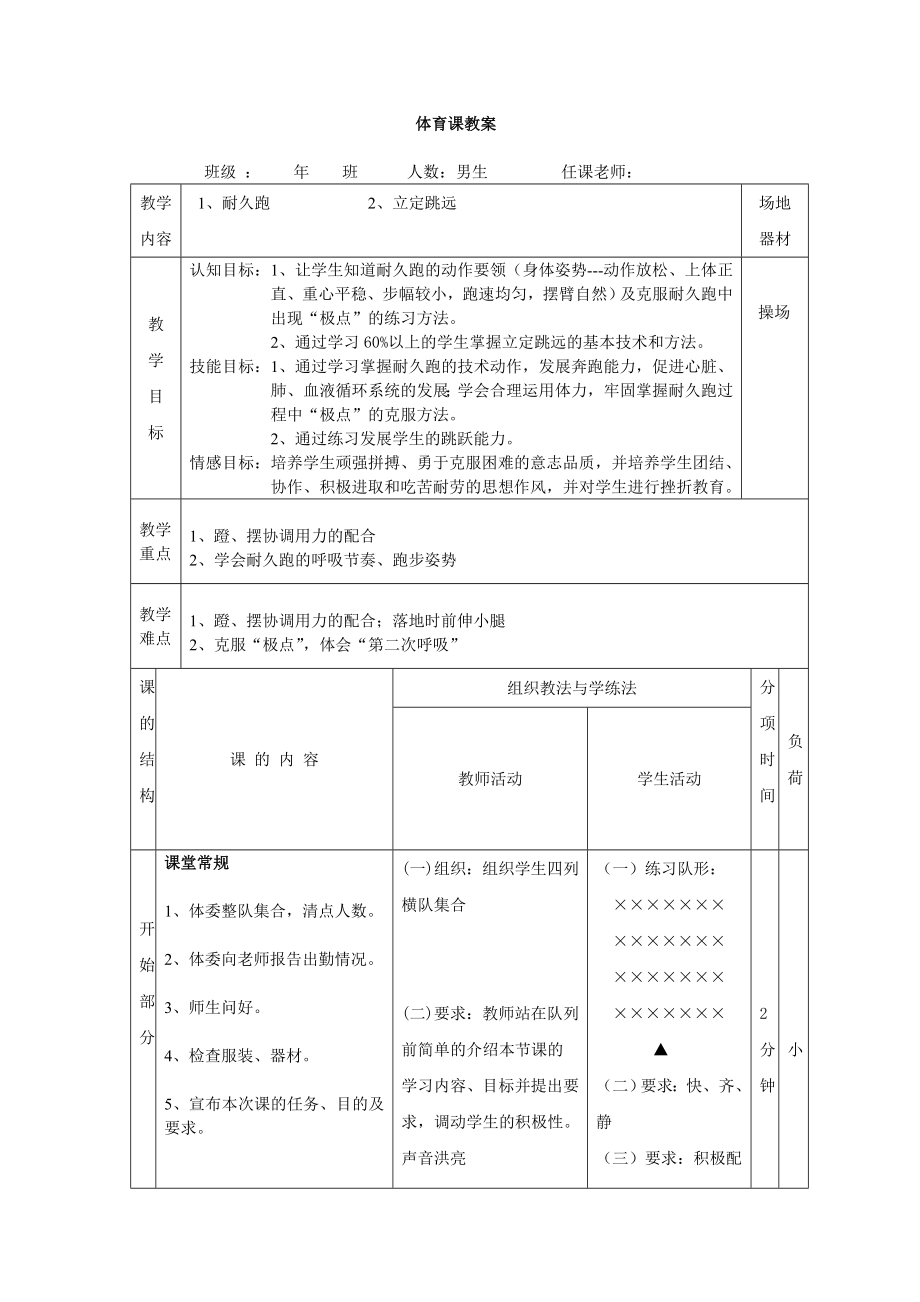 体育课教案【耐久跑及立定跳远】.doc_第1页