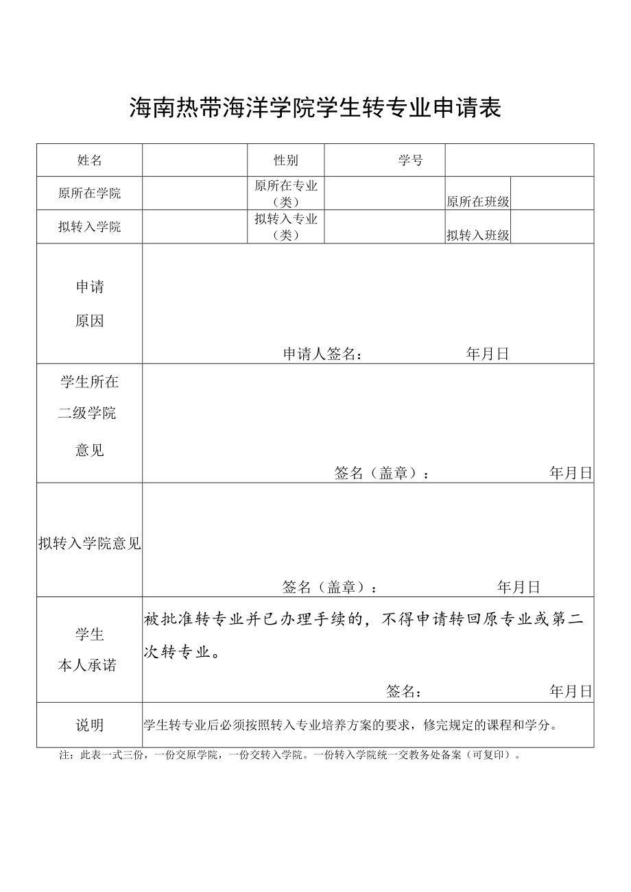 海南热带海洋学院学生转专业申请表.docx_第1页