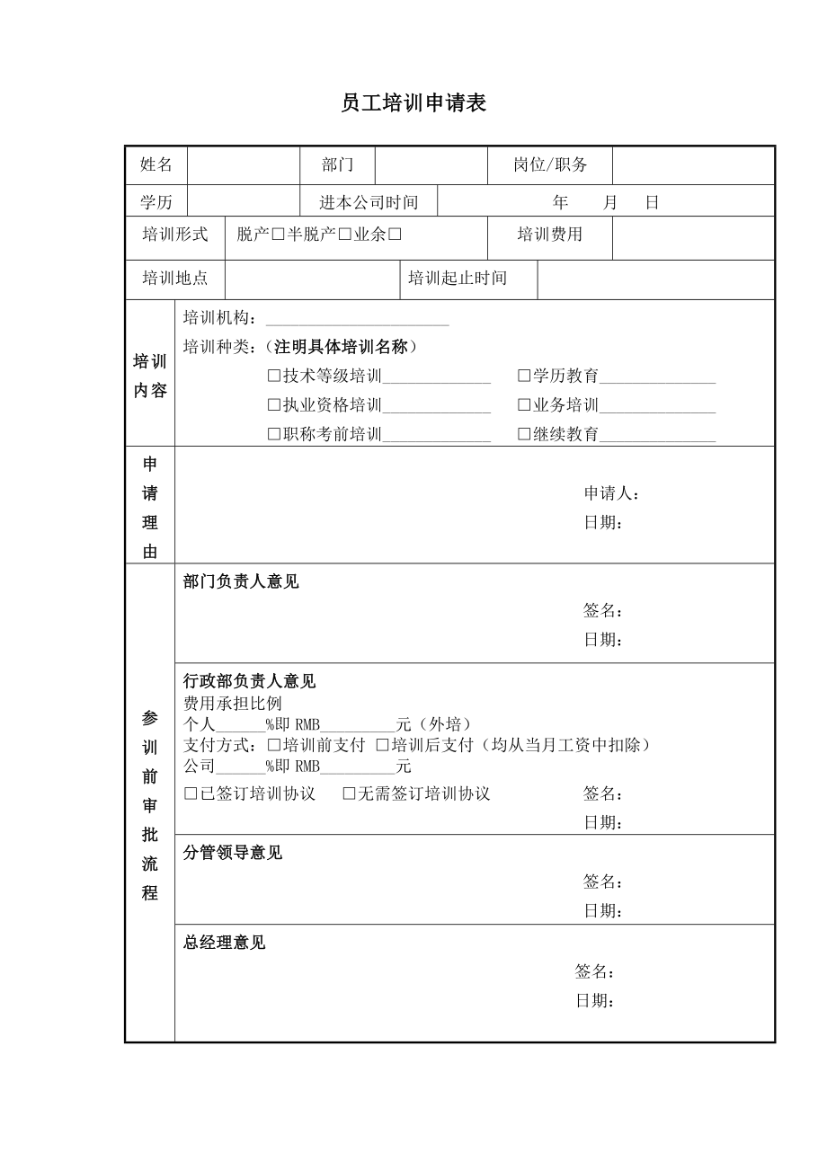 企业公司员工培训申请表.doc_第1页