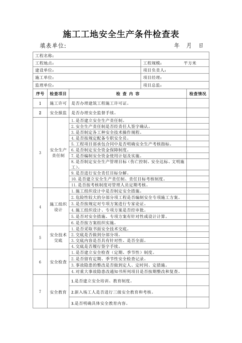 施工工地安全生产条件检查表.doc_第1页