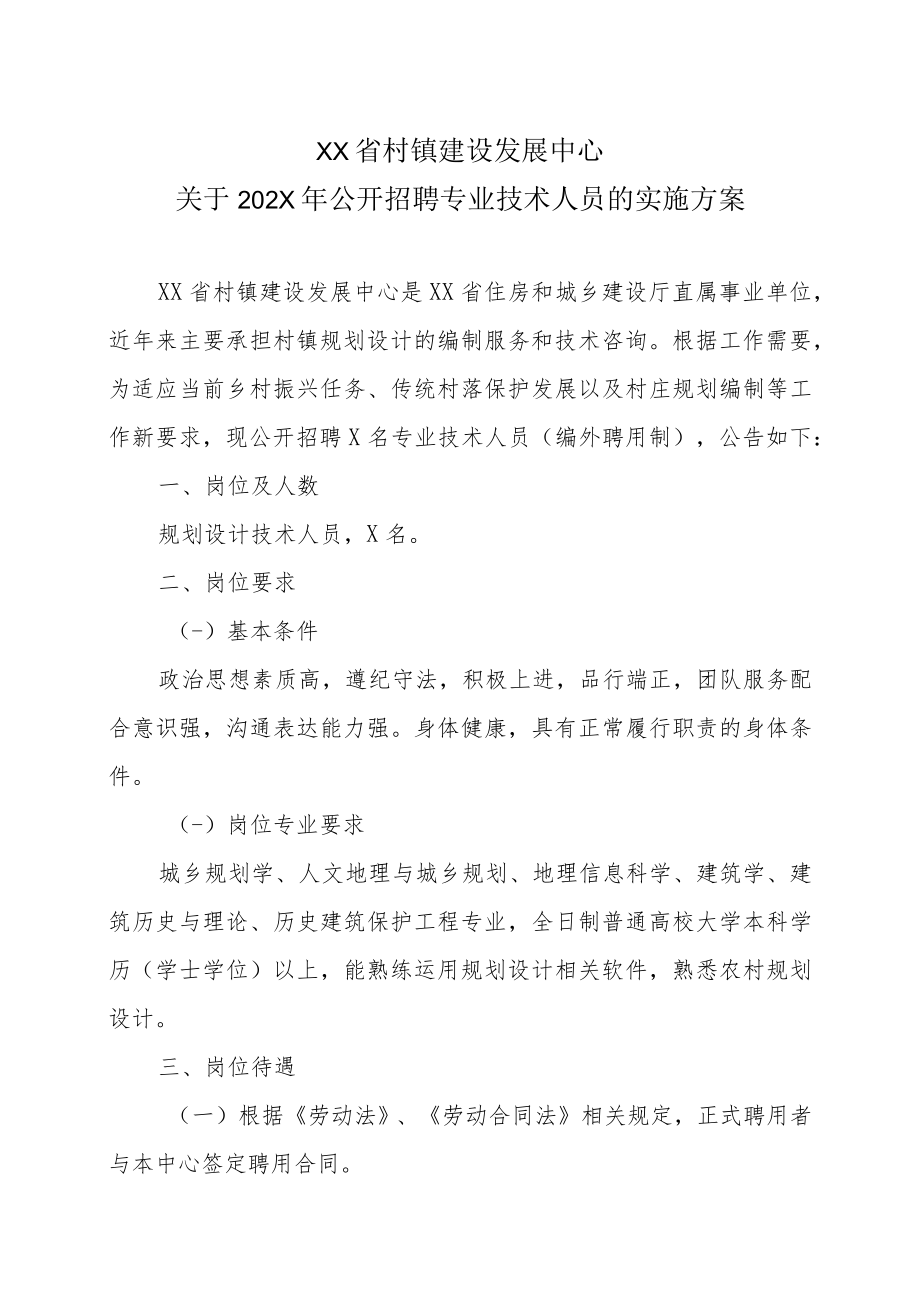 XX省村镇建设发展中心关于202X年公开招聘专业技术人员的实施方案.docx_第1页