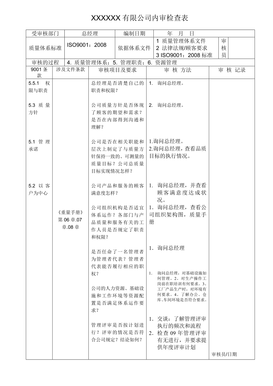 版内审检查表9000质量管理体系.doc_第1页