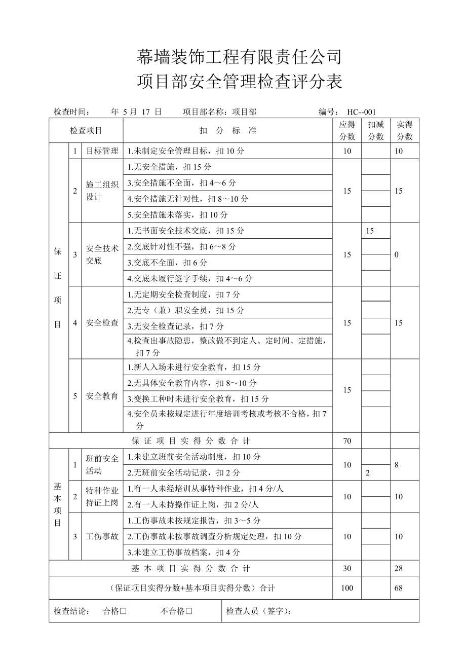 项目部安全管理检查评分表.doc_第1页