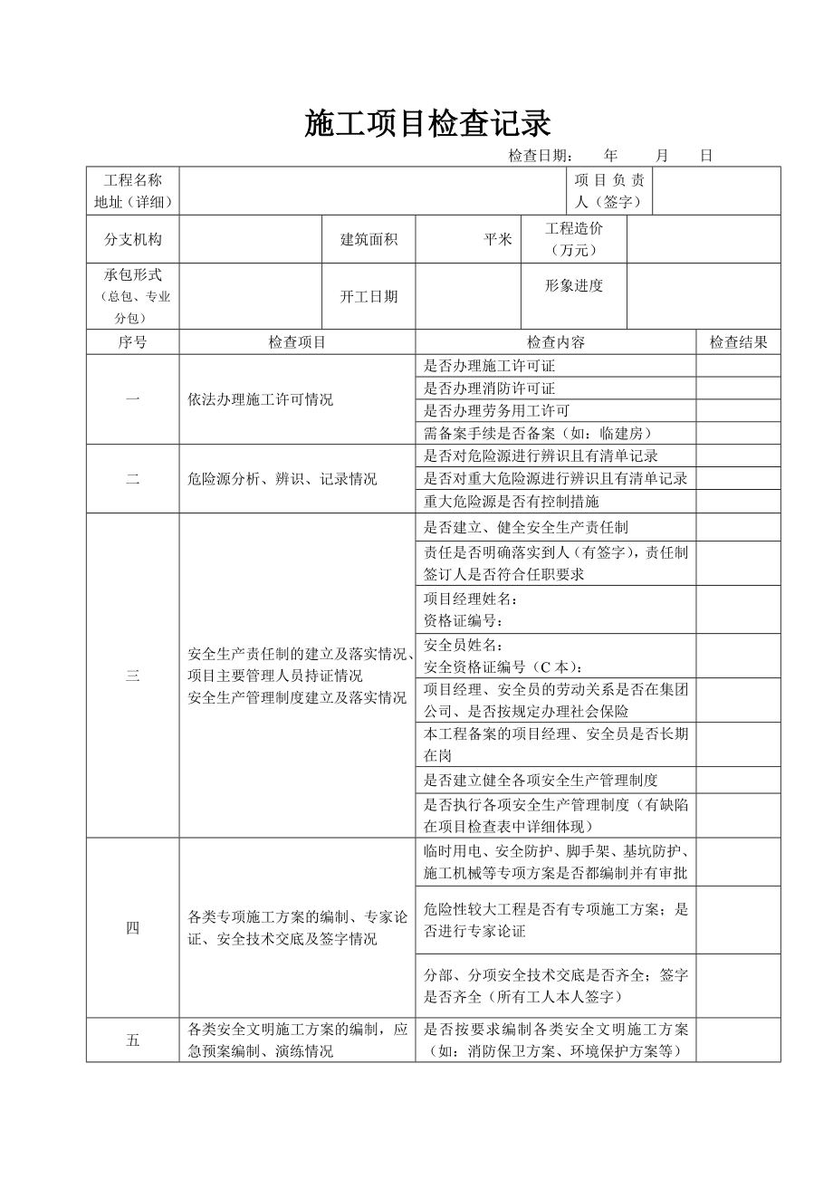 施工项目检查记录、项目检查表、整改反馈记录表.doc_第1页