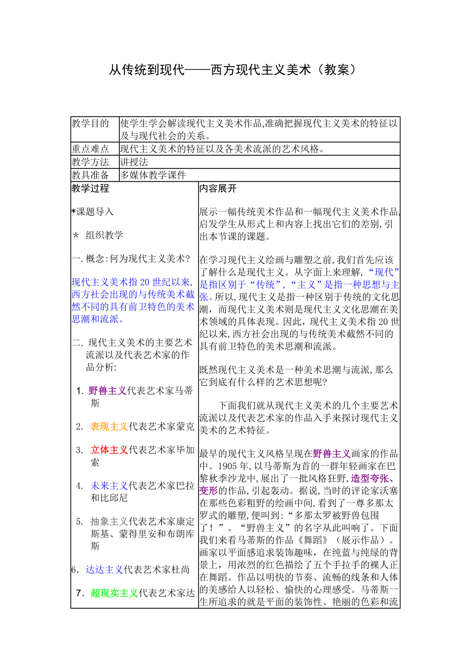 从传统到现代——西方现代主义美术教案.doc_第1页