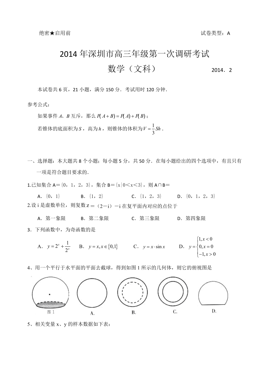 深圳市2014届高三2月第一次调研文数2.doc_第1页