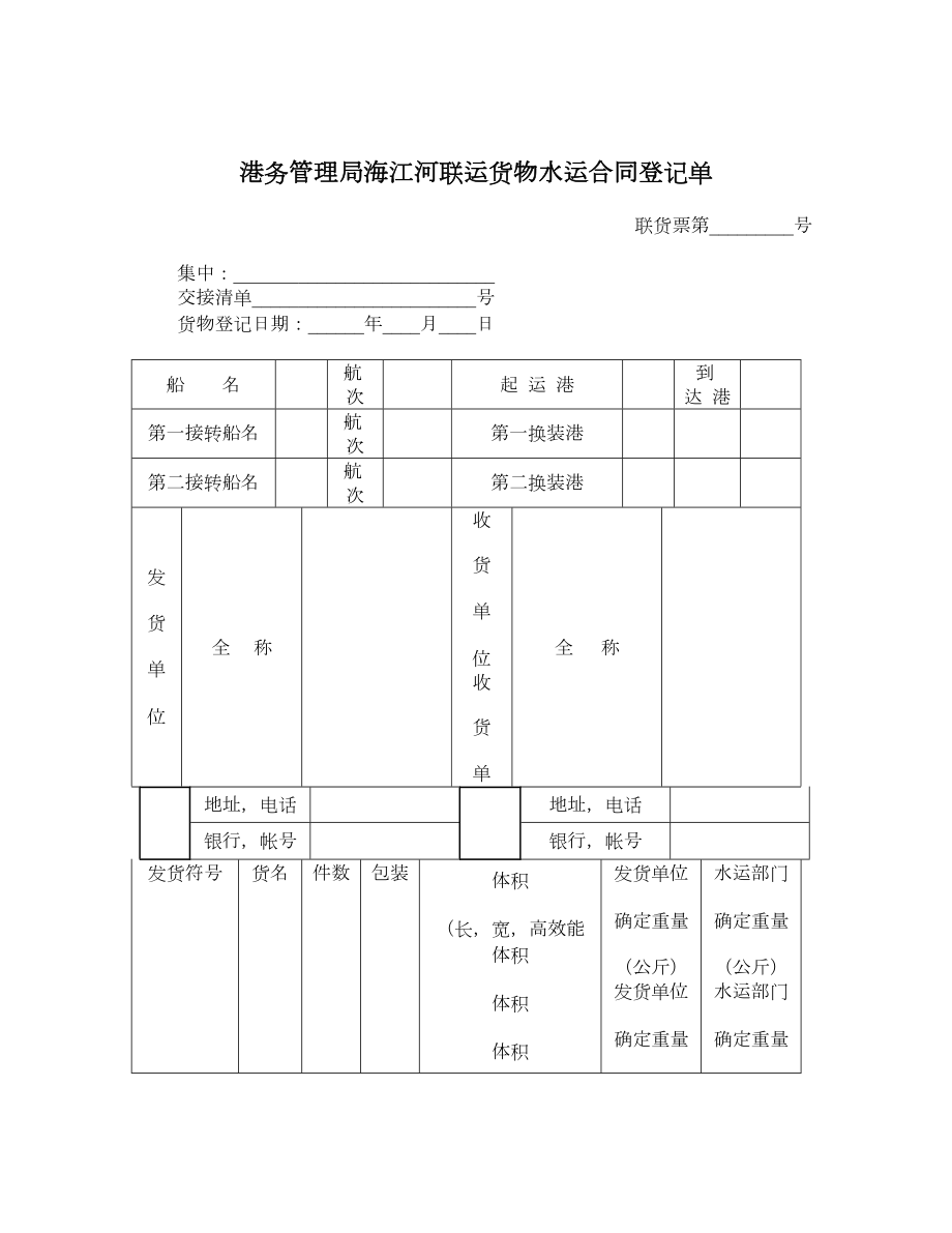 港务管理局海江河联运货物水运合同登记单.doc_第1页