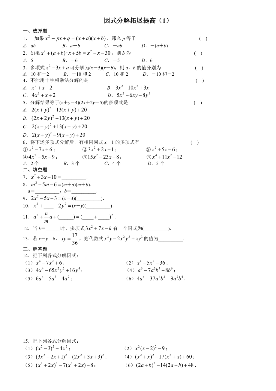 因式分解提高培优精编版.doc_第1页