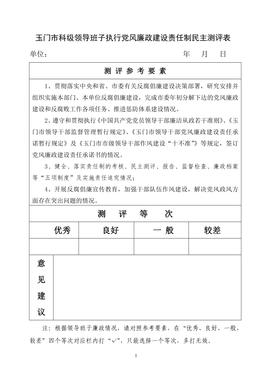 [建筑]玉门市科级领导班子执行党风廉政建设责任制民主测评表.doc_第1页