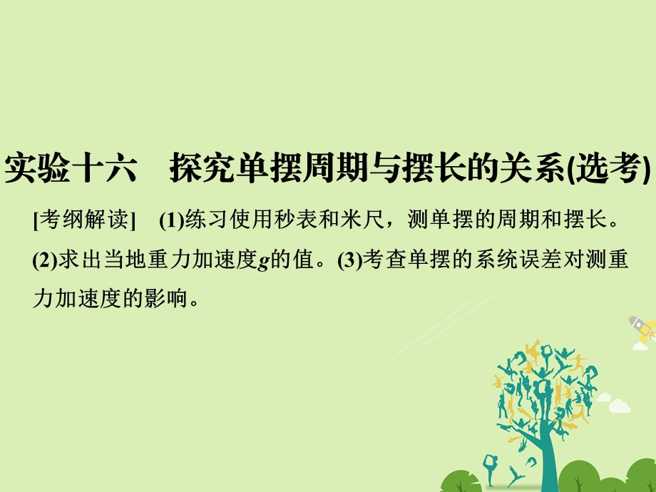 高考物理总复习 第11章 机械振动 机械波 光 电磁波 实验十六 探究单摆周期与摆长的关系选考课件1..ppt_第1页