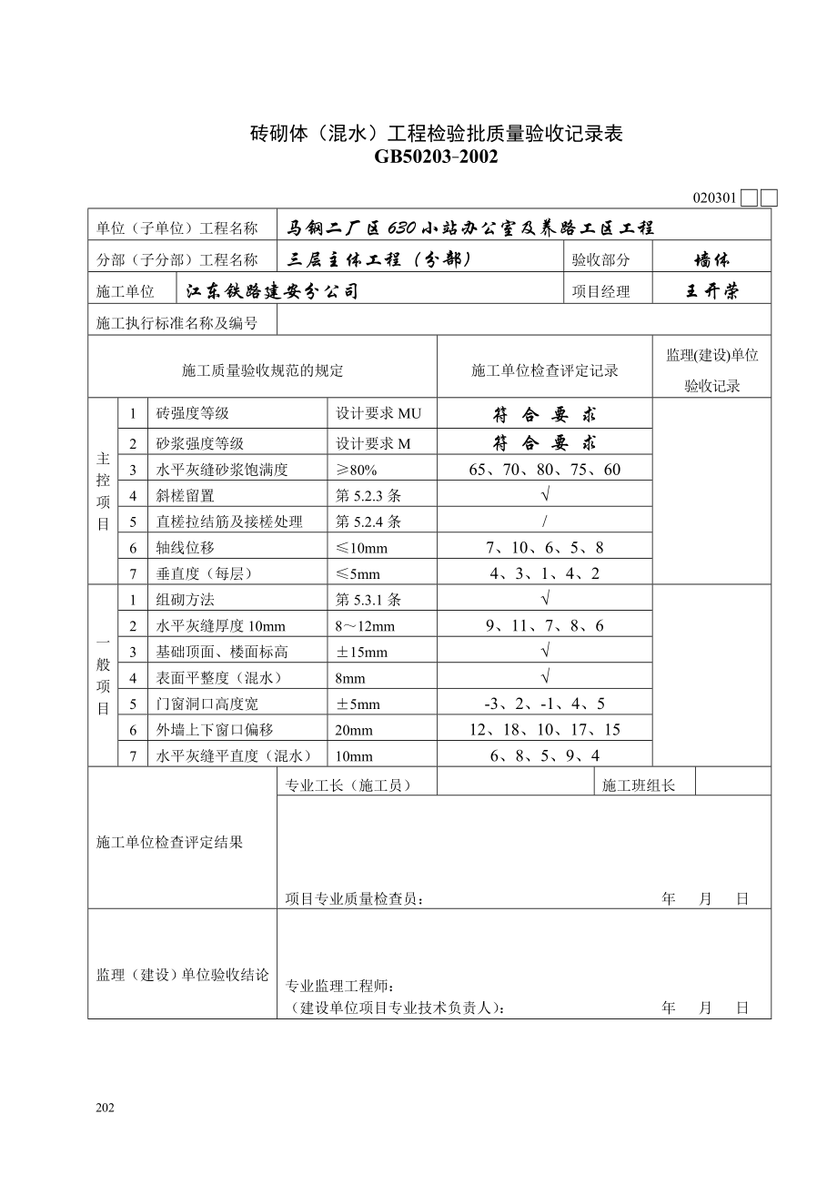 [建筑]砖砌体混水工程检验批质量验收记录表.doc_第2页