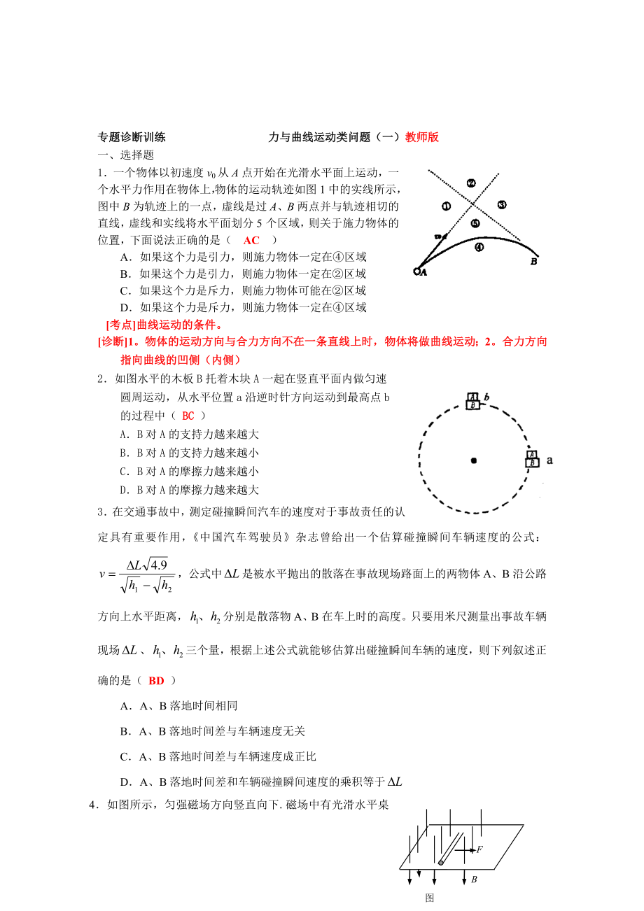 最新力与曲线运动问题 专题诊断训练名师精心制作教学资料.doc_第1页