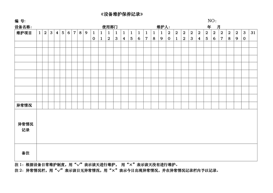 各种设备维护保养记录文本表格模板.doc_第1页