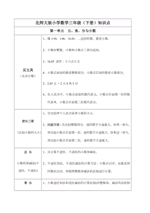 北师大版三年级数学下册知识要点和概念.docx