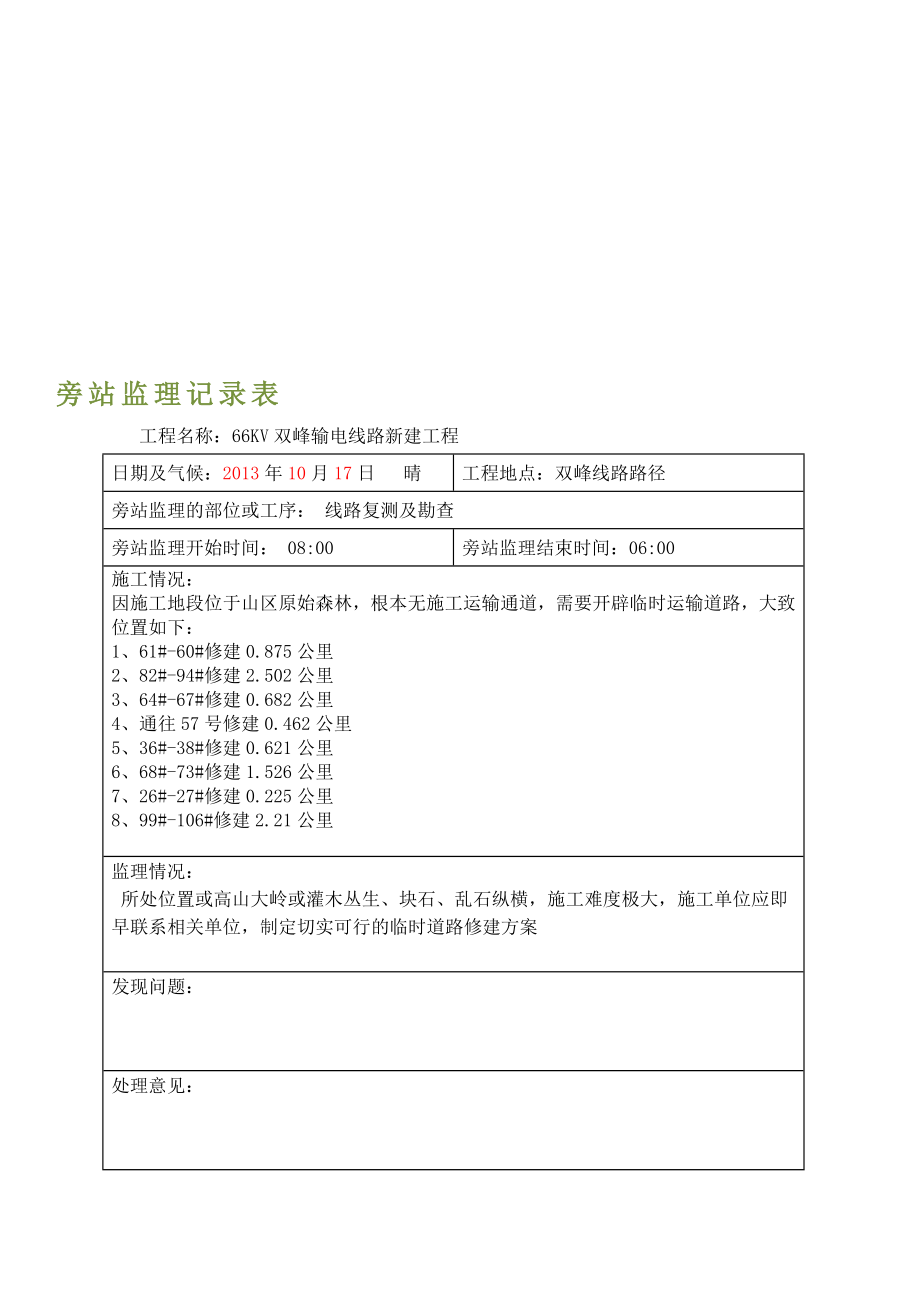 双峰输电线路工程旁站监理记录1).doc_第1页