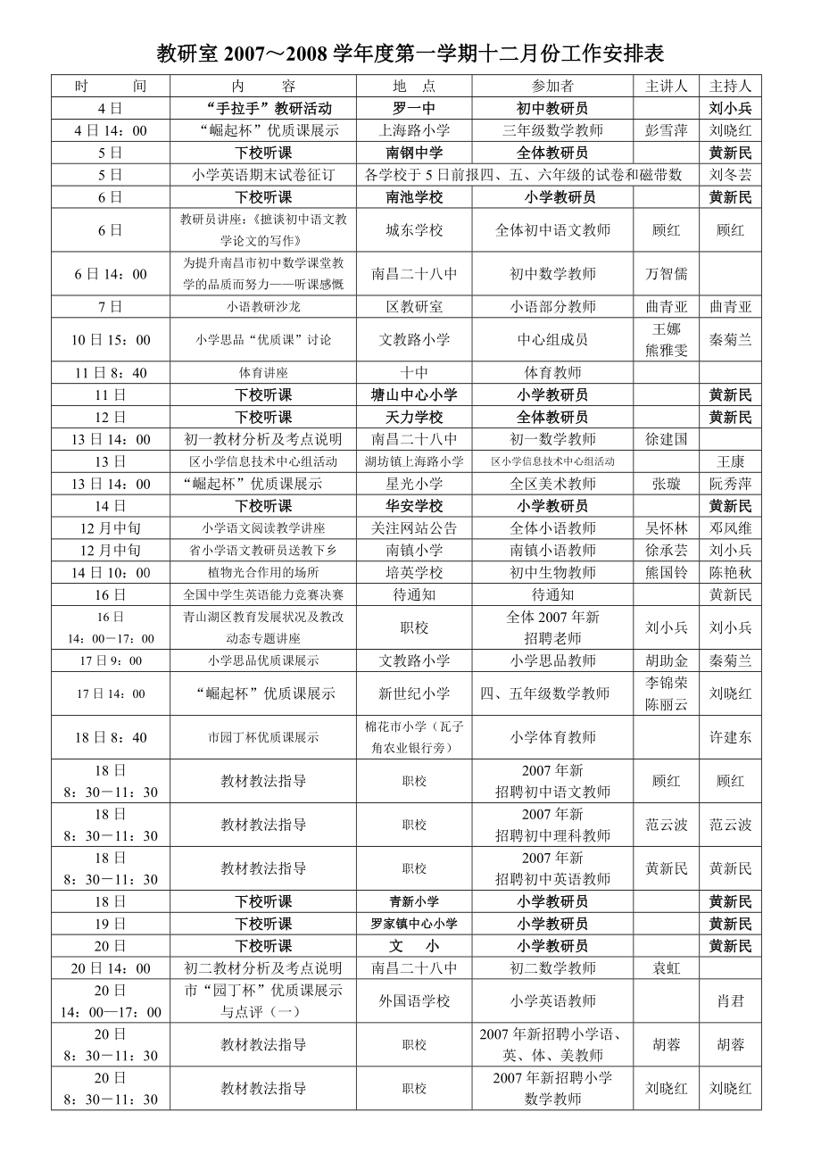 [建筑]教研室学第一学期十二月份工作安排表.doc_第1页