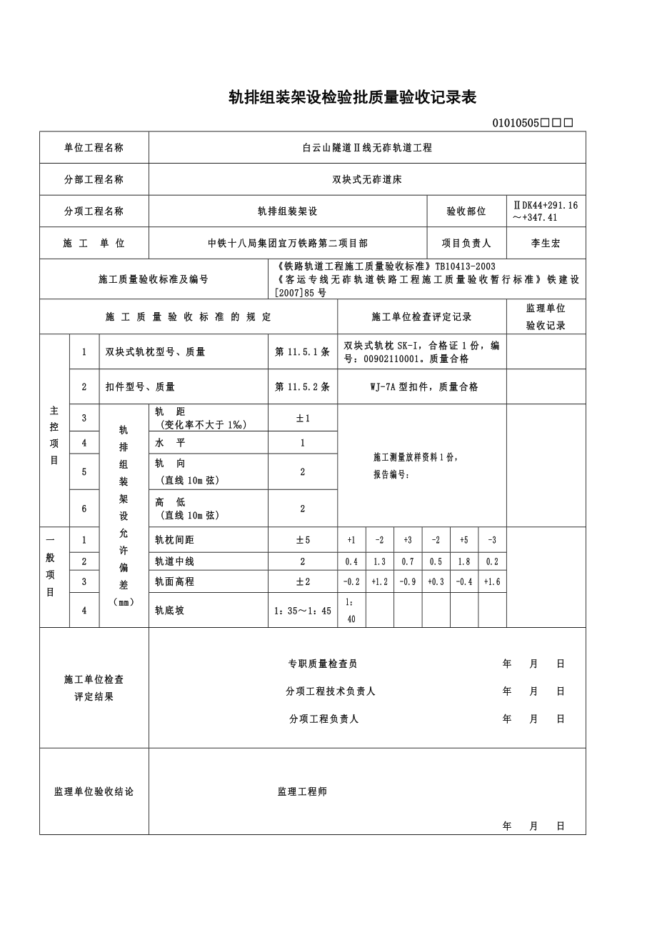 [建筑]1轨排组装架设检验批质量验收记录表.doc_第1页