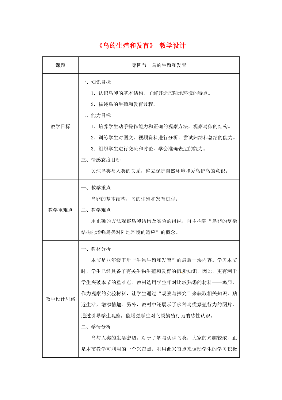 吉林省榆树市初中八年级生物下册第七单元第一章第四节鸟的生殖和发育名师精选教案新版新人教版.doc_第1页