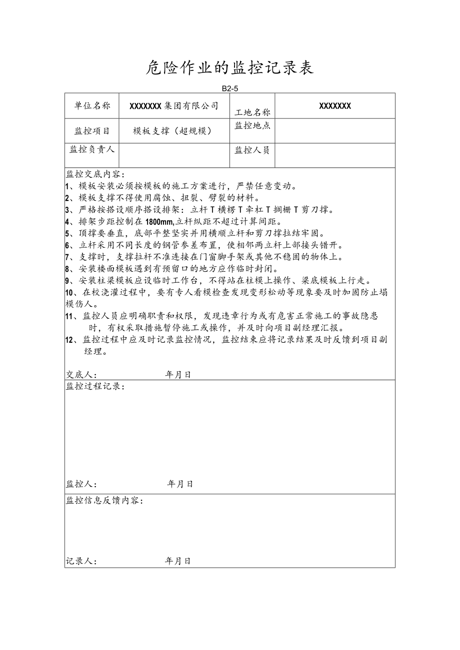 危险作业的监控记录表(模板支撑)（超规模）.docx_第1页