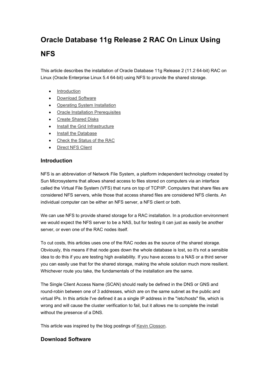 [计算机软件及应用]Oracle Database 11g Release 2 RAC On Linux Using NFS.doc_第1页