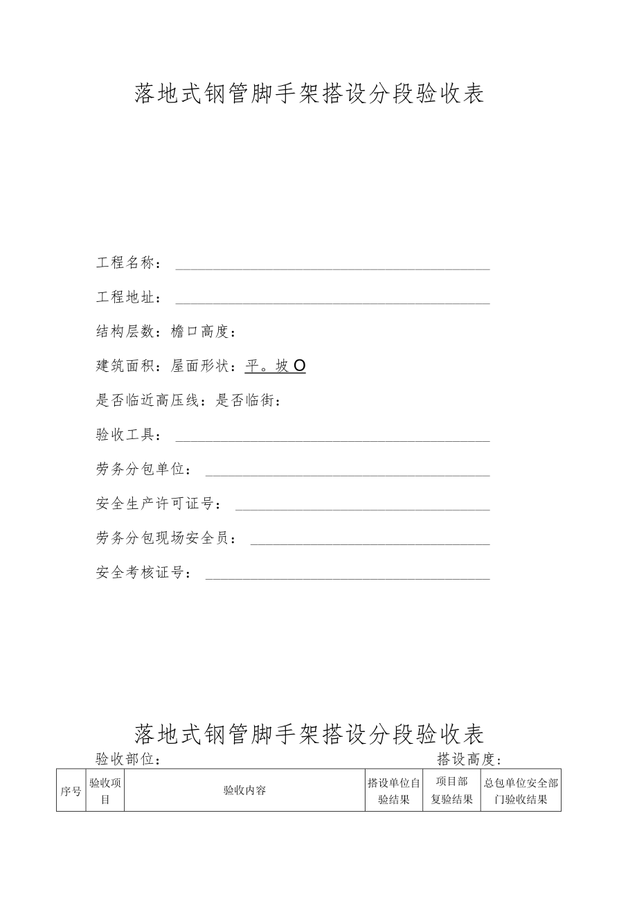 落地式钢管脚手架搭设分段验收表.docx_第1页