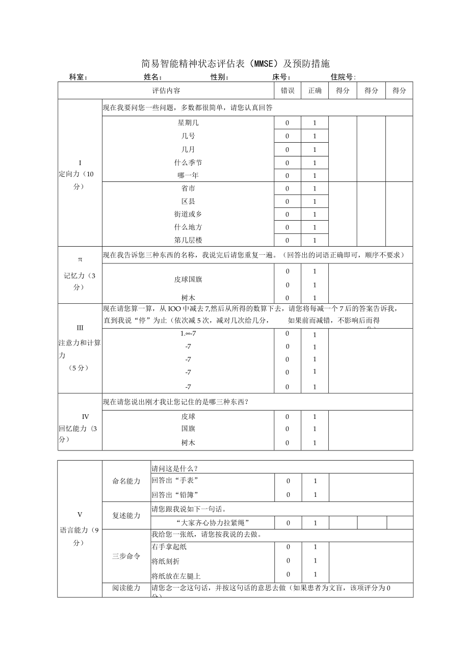 简易智能精神状态评估表（MMSE）及预防措施.docx_第1页