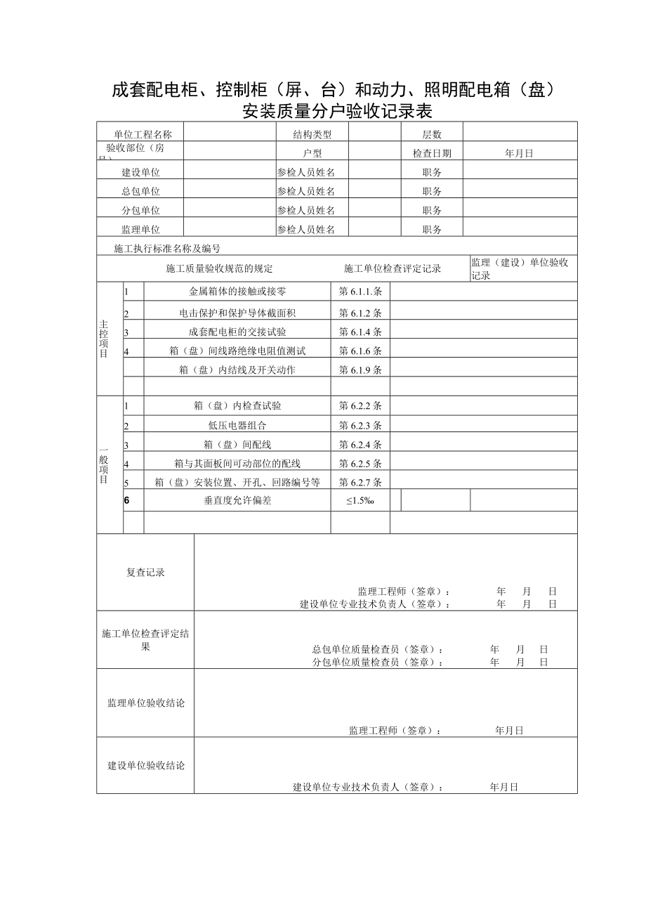 成套配电柜安装质量分户验收记录表.docx_第1页