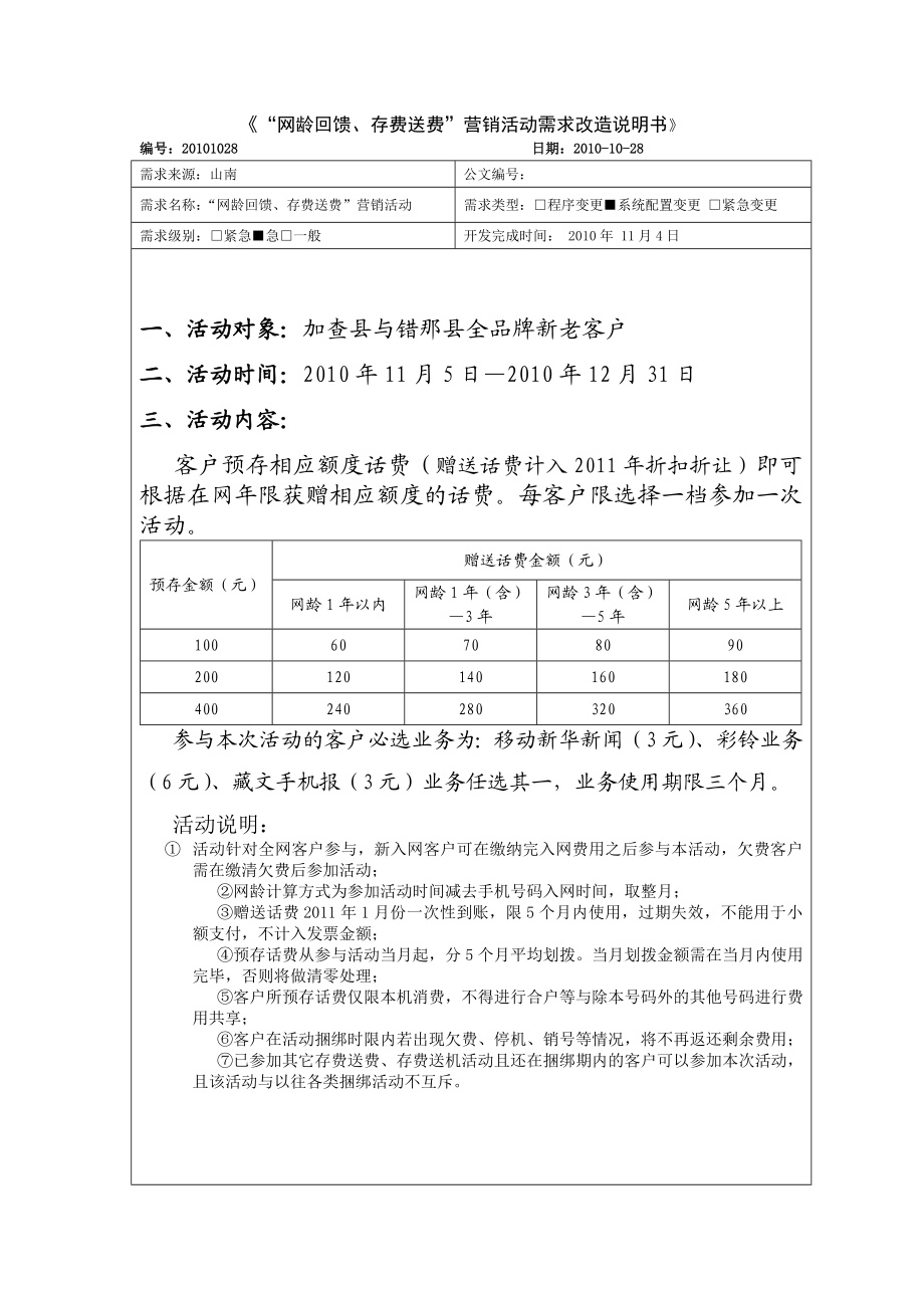 [计算机]“网龄回馈、存费送费”营销活动需求改造说明书.doc_第1页