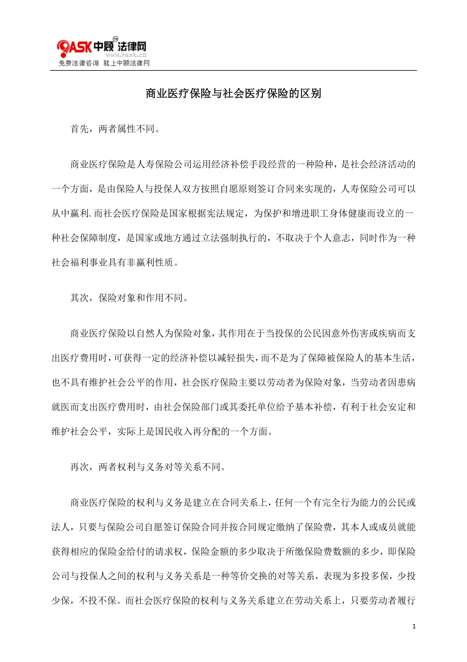 [法律资料]商业医疗保险与社会医疗保险的区别.doc_第1页