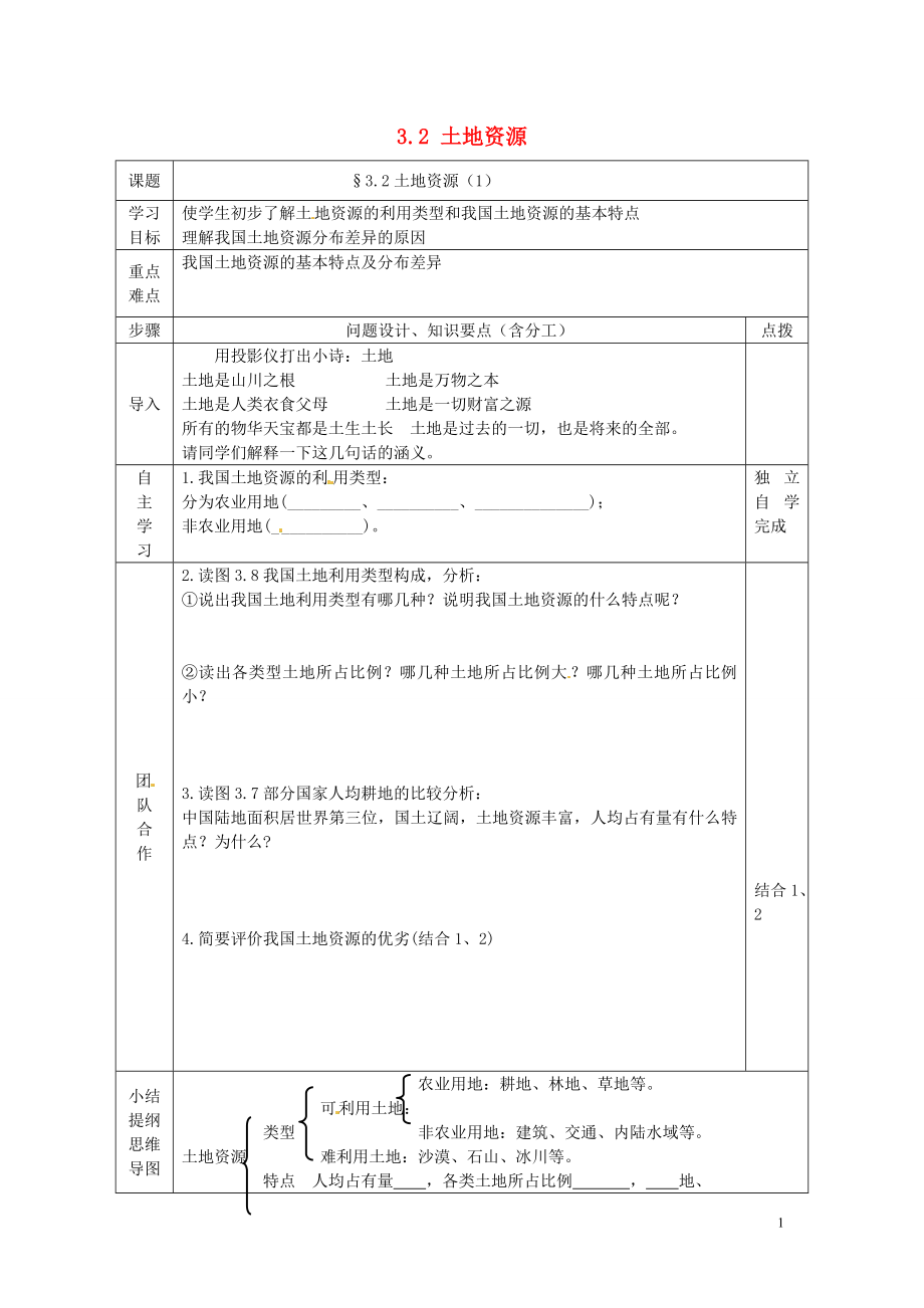 重庆市永川区第五中学校八年级地理上册32土地资源（第1课时）导学案（无答案）新人教版.doc_第1页