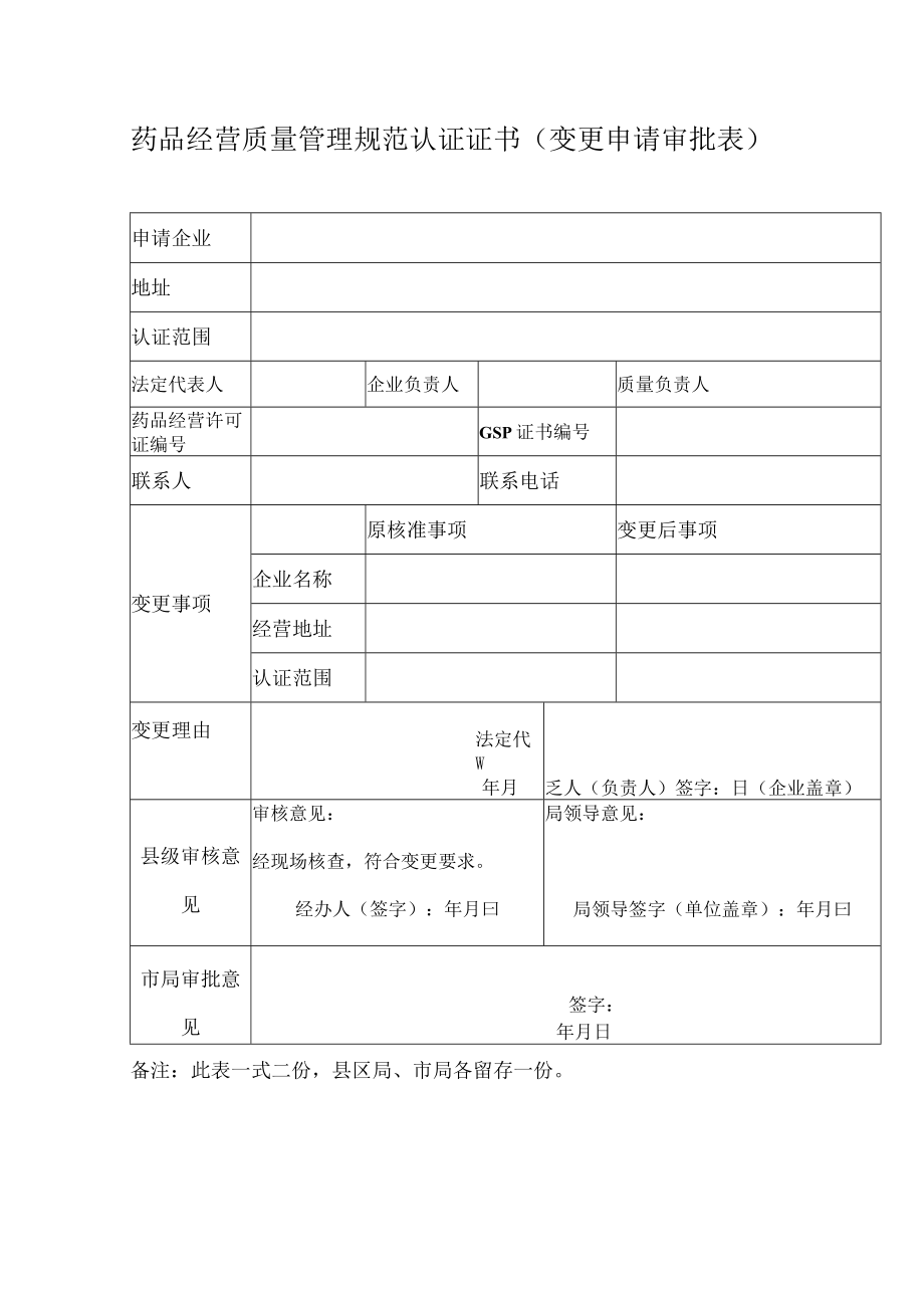 药品经营质量管理规范认证证书（变更申请审批表）.docx_第1页