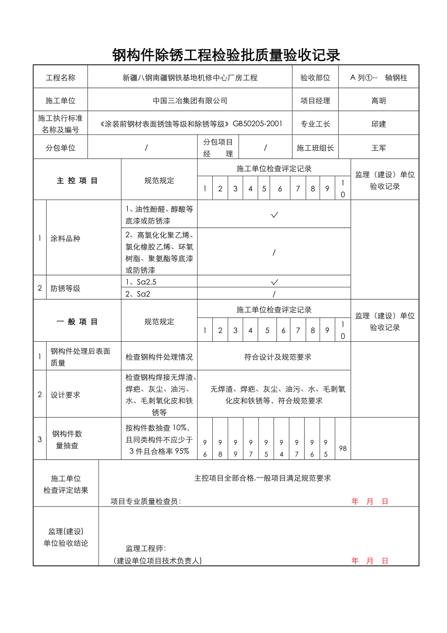 钢构件除锈工程检验批质量验收记录文本.doc_第1页