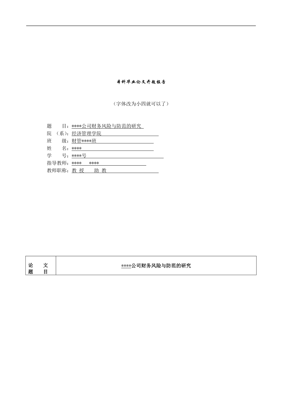 [理学]开题报告财务风险的特点与防范.doc_第1页