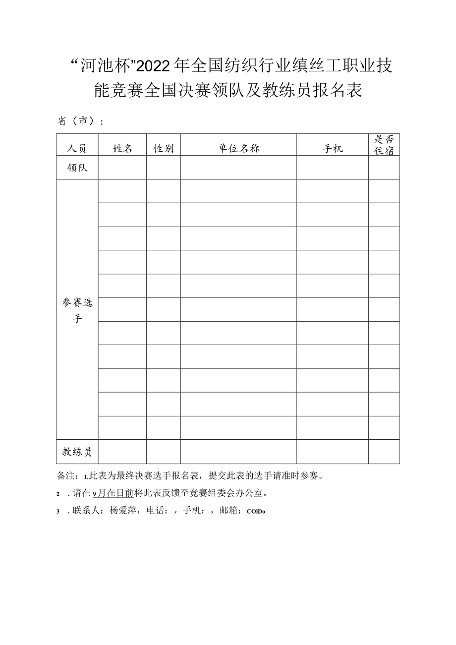 “河池杯”2022年全国纺织行业缫丝工职业技能竞赛全国决赛领队及教练员报名表.docx_第1页