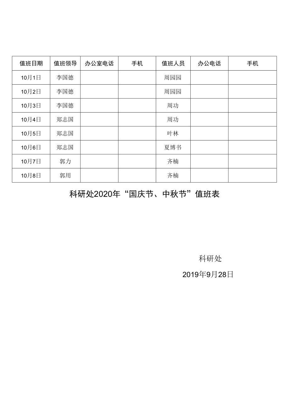 科研处2020年“国庆节、中秋节”值班表.docx_第1页