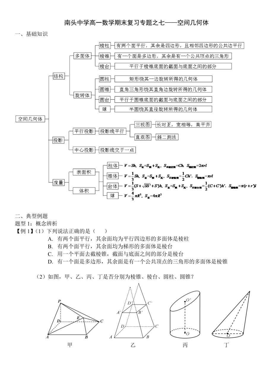 南头中学高一数学期末复习专题之立体几何.doc_第1页