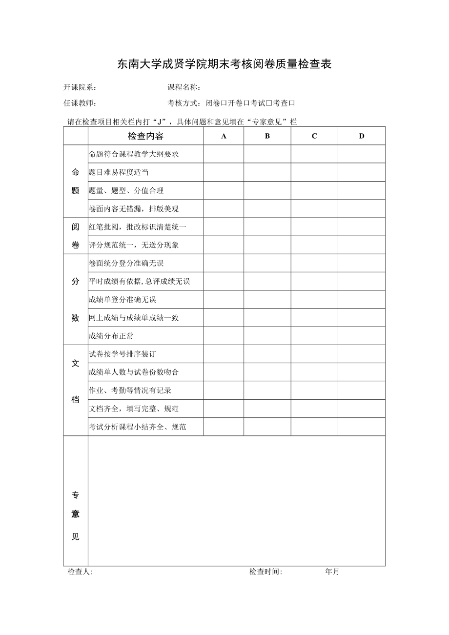 东南大学成贤学院期末考核阅卷质量检查表.docx_第1页