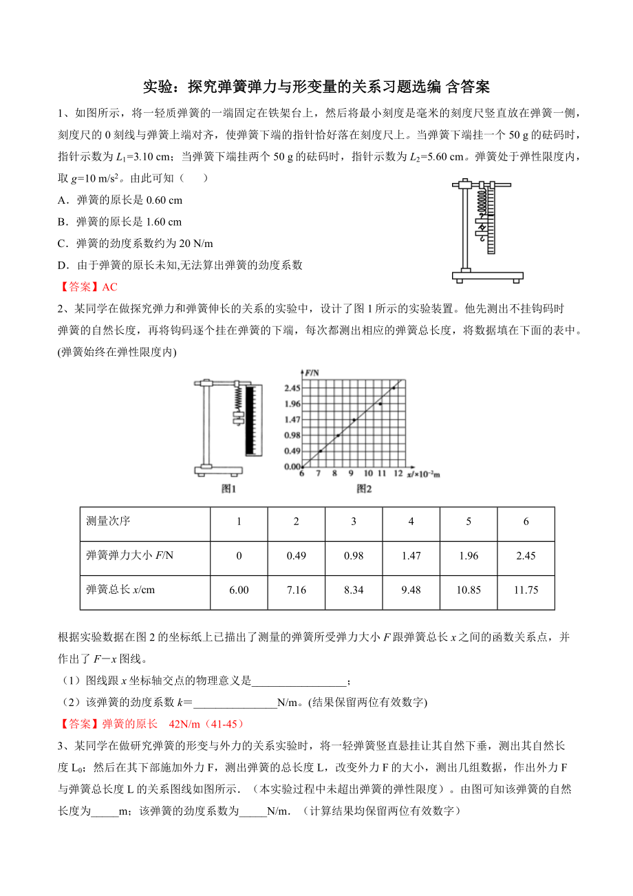 高三物理实验复习—探究弹簧弹力和形变量的关系习题选编-含答案.docx_第1页